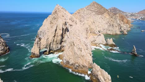 Los-Cabos,-Cabo-San-Lucas,-BCS,-Mexico-Aerial-view-cliffs-rocks-hills-and-waves