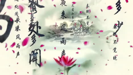 Mysterious-landscape-China's-traditional-Oriental-Digital-Art-animation,-Chinese-retro-painting-ink-misty-mountain-with-flowers,-tree,-birds,-river-in-fog-background