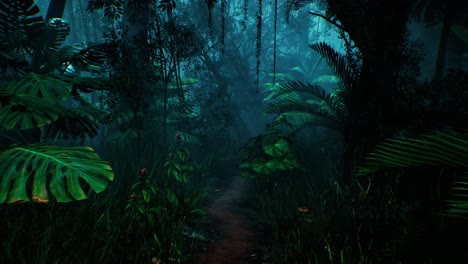 Tropical-Rainforest-Natural-Night-Landscape-Track-In-Large-Trees-Plants-Vibrance-3D-Render-Realistic-Dense-Jungle-Pathway-Palm-Big-Leaves-Fern-Exotic-Plants-Sunlight-Canopy-Background-Flora-Fauna