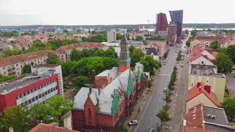 Skyscrapers-and-downtown-of-Klaipeda-city,-aerial-view