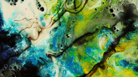 Abstract-fluid-art-with-vibrant-swirls-of-blue,-green,-yellow,-and-black