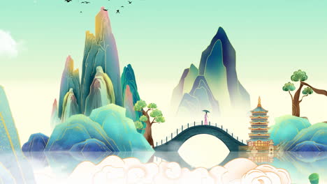 Mysterious-landscape-China's-traditional-Oriental-Digital-Art-animation,-Chinese-retro-painting