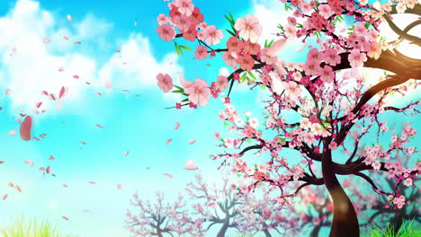 Fantasy-bright-ambience-landscape-of-beautiful-morning-sky,-mountains,-flowers,-lake,-ancient-house-with-simple-animation-in-Japanese-Chinese-anime-watercolour-style