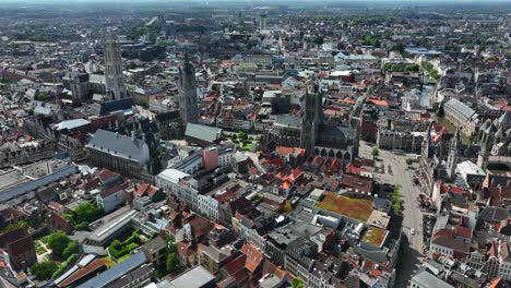 Belfry-of-Ghent,-Saint-Nicholas'-Church,-Saint-Bavo's-Cathedral,-East-Flanders,-Ghent,-Flemish-Region,-Belgium,-June-2022