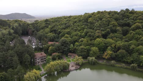 Aerial-view-of-lake-surrounded-by-mountains-green-trees-forest