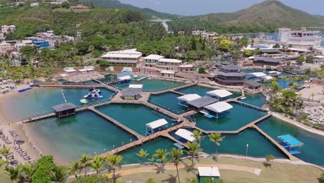 Aerial-view-of-Ocean-World-Adventure-Park-in-Puerto-Plata-with-swimming-pool-and-sandy-beach