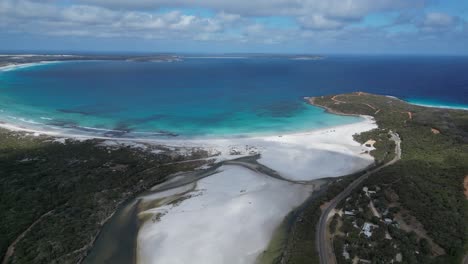 Aerial-view-of-the-beautiful-semi-circular-Bremer-Beach-in-Western-Australia