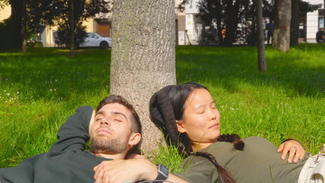 Encantadora-Pareja-En-El-Parque-Durmiendo-Junto-Al-árbol-Bajo-La-Luz-Del-Sol-En-Linz,-Austria