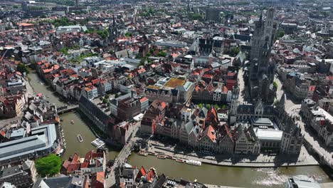 Belfry-of-Ghent,-Saint-Nicholas'-Church,-Saint-Bavo's-Cathedral,-East-Flanders,-Ghent,-Flemish-Region,-Belgium,-June-2022