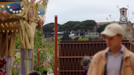 Bell-Tower-Of-Notre-Dame-d'Esperance-Church-Seen-From-Carousel-In-Cannes,-France,-Static-shot