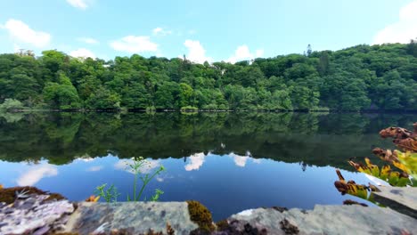 Irland,-Epische-Orte,-Zeitraffer-Auf-Dem-Fluss-Blackwater,-Waterford,-Flussufer-Mit-Bäumen,-Blauer-Himmel-Und-Wechselndes-Licht-Auf-Fließendem-Wasser