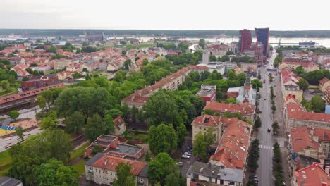 Klaipeda-city-downtown-with-iconic-skyscrapers,-aerial-view