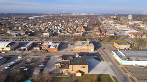 Aerial-view-of-Lincoln-Park,-Michigan,-USA-on-Golden-Hour-sunlight