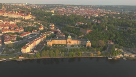 Prague,-Czech-Republic---The-Straka-Academy-Located-on-the-Left-Bank-of-the-Vltava-River---Aerial-Drone-Shot