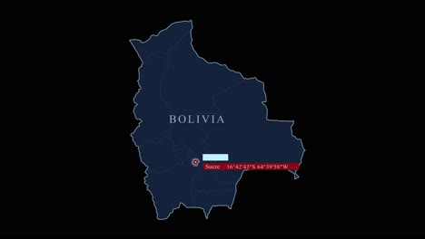 Stylized-Bolivia-map-with-capital-city-and-geographic-coordinates-on-black-background