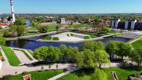 Drone-shot-of-Jonas-Hill-island-park-in-Klaipeda-city-center