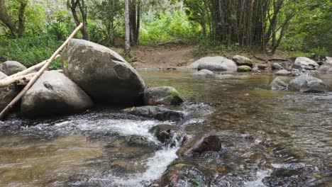 Close-up-view-of-a-tranquil-Minca-River-stream-flowing-over-rocks-amidst-lush-greenery,-Colombia