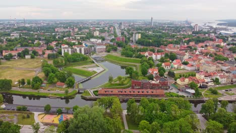 Beautiful-Klaipeda-city-in-Lithuania,-aerial-drone-panoramic-view