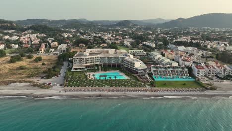 Aerial-shots-of-hotel-and-resort-in-the-northeast-of-Rhodes-Island,-Greece