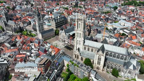 Belfry-of-Ghent,-Saint-Nicholas'-Church,-Saint-Bavo's-Cathedral,-East-Flanders,-Ghent,-Flemish-Region,-Belgium,-June-2022