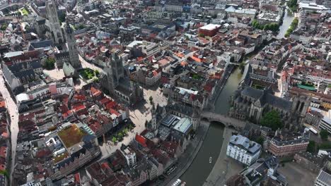 Belfry-of-Ghent,-Saint-Nicholas'-Church,-Saint-Bavo's-Cathedral,-East-Flanders,-Ghent,-Flemish-Region,-Belgium,-June-2022