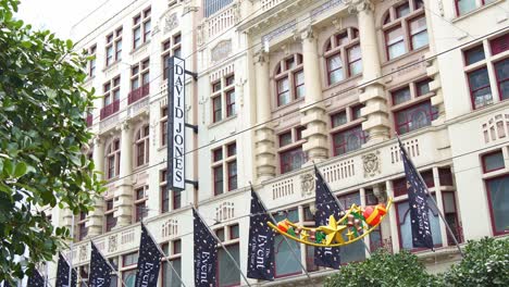 Static-shot-capturing-the-building-exterior-of-leading-retailer-David-Jones-on-Bourke-Street-Mall,-a-flagship-department-store-in-the-heart-of-bustling-downtown-Melbourne-city