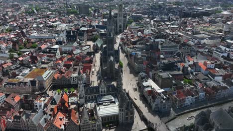 Belfry-of-Ghent,-Saint-Nicholas'-Church,-Saint-Bavo's-Cathedral,-East-Flanders,-Ghent,-Flemish-Region,-Belgium,-June-2022