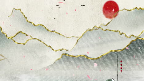 Mysterious-landscape-China's-traditional-Oriental-Digital-Art-animation,-Chinese-retro-painting-ink-misty-mountain-with-flowers,-tree,-birds,-river-in-fog-background