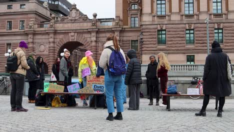 Viernes-Para-Una-Futura-Protesta-Con-Un-Grupo-De-Estudiantes-Activistas-En-El-Edificio-Del-Parlamento-Sueco-En-Estocolmo,-Suecia,-Amplia-Toma-Estática