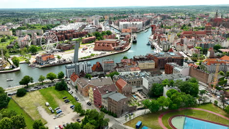 Aerial-Gdańsk,-showcasing-the-city's-historic-buildings,-modern-Ferris-wheel,-and-the-scenic-Motława-River