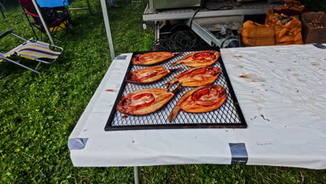 Bauska-Vimbu-Fish-Festival,-smoked-vimba-fish-on-display,-river-fish,-Latvia