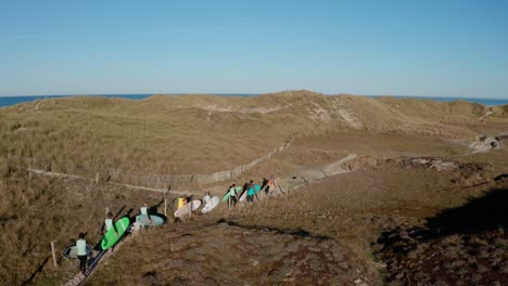 A-group-of-surfers-walk-through-sandy-dunes-towards-the-beach-carrying-their-surfboards