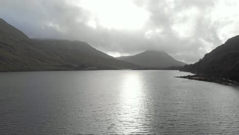 Aerial-landscape-of-lough-and-mountain-next-to-Kylemore-Abbey,-Ireland