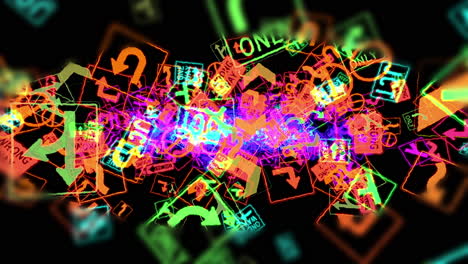 a-multi-coloured,-4k-30fps-loop-able-large-particle-explosion-of-interstate-symbols,-on-a-dark-background-and-with-green-background-included-for-chroma-key-transparency