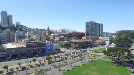 Drone-Aerial-Shot-of-San-Francisco-Ghirardelli-Square-and-City