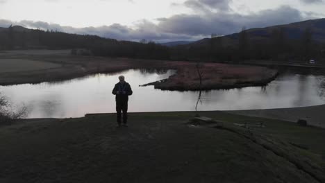 Drone-flight-over-river-Teith,-Callander,-Scotland,-UK