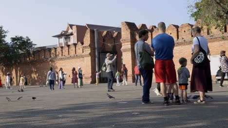 A-group-of-tourist-stand-and-watching-other-tourists-mainly-from-China-feeding-and-taking-photos-with-pigeons-at-Thapae-Gate,-landmark-of-Chiang-Mai-city