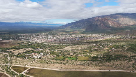 Panoramic-view-of-the-beautiful-and-picturesque-city-of-Cafayate,-nestled-at-the-foothills-of-the-Andes-in-Salta,-Argentina