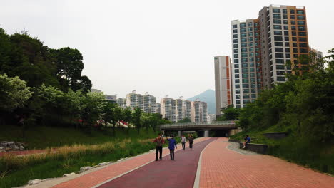 Korean-couple-with-masks-walking-on-path-with-micro-dust