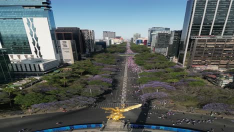 Aerial-view-vertical-mode,-March-8th-Women's-Day-march,-on-Paseo-de-la-Reforma,-Mexico-City