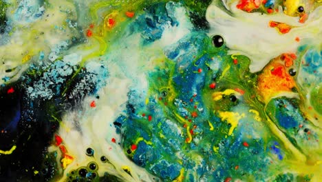 Colorful-abstract-paint-swirling-with-vibrant-blue,-yellow,-and-green-hues,-close-up