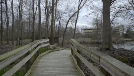 Camera-push-on-walkway-to-reveal-pond-in-slow-motion-on-an-overcast-day-in-winter