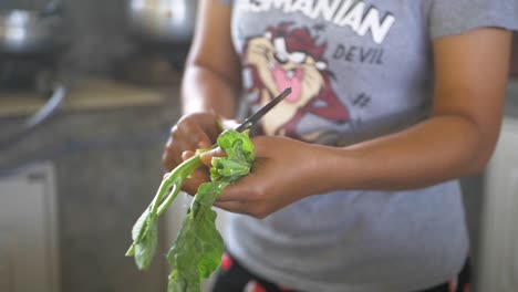 Una-Mujer-Corta-Tallos-De-Verduras-De-Hojas-Verdes-En-La-Cocina-Con-Un-Cuchillo-Afilado