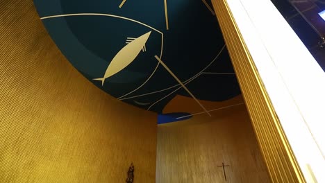 inside-view-of-Nossa-Senhora-da-Conceição-Chapel-and-its-ceiling-painting:-the-cross,-the-fish,-the-sun-and-the-moon