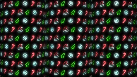 Neon-Christmas-Pattern-Background-of-Christmas-Tree,-Snowflake,-Santa-Hat-and-Candy-Cane-in-Red-Black-and-White-Looping-animation