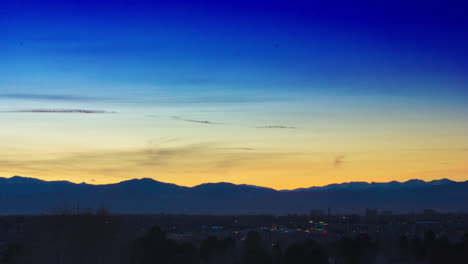 Rocky-Mountain-Front-Range-sunset-time-lapse-with-light-rolling-clouds-over-Cherry-Creek,-Colorado-skyline