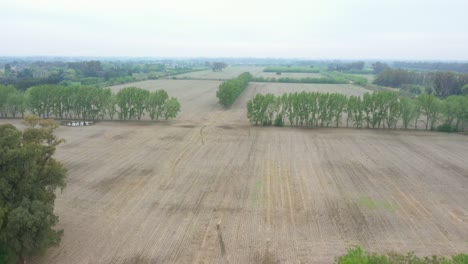 Aerial-view-of-agricultural-landscape-empty-fields-soil-in-preparation-for-sowing-black-soy-seeds-and-planting-wheat,-drone-moving-forward