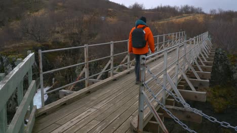 Vista-Posterior-De-Un-Excursionista-Masculino-Con-Mochila-Caminando-Sobre-Un-Puente-De-Madera-Sobre-El-Río-En-Islandia