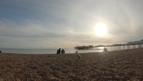 Wunderschöner-Sonnenuntergang-über-Brighton-Pier-Und-Strand-Mit-Möwen-Und-Menschen