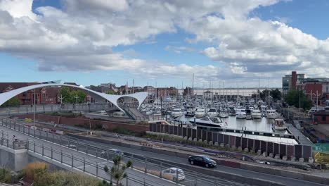 View-looking-across-a-busy-road-towards-the-marina-in-the-City-of-Hull